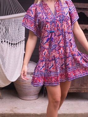 Bell Red, Navy and White Printed Button-Front Blouse